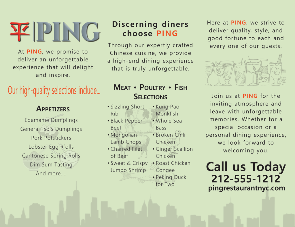 Ping Restaurant brochure design inside spread. Print graphic design.