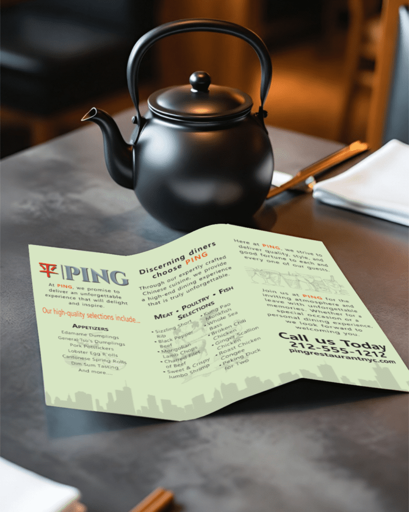 Ping Restaurant brochure design mock-up on table. Print graphic design.