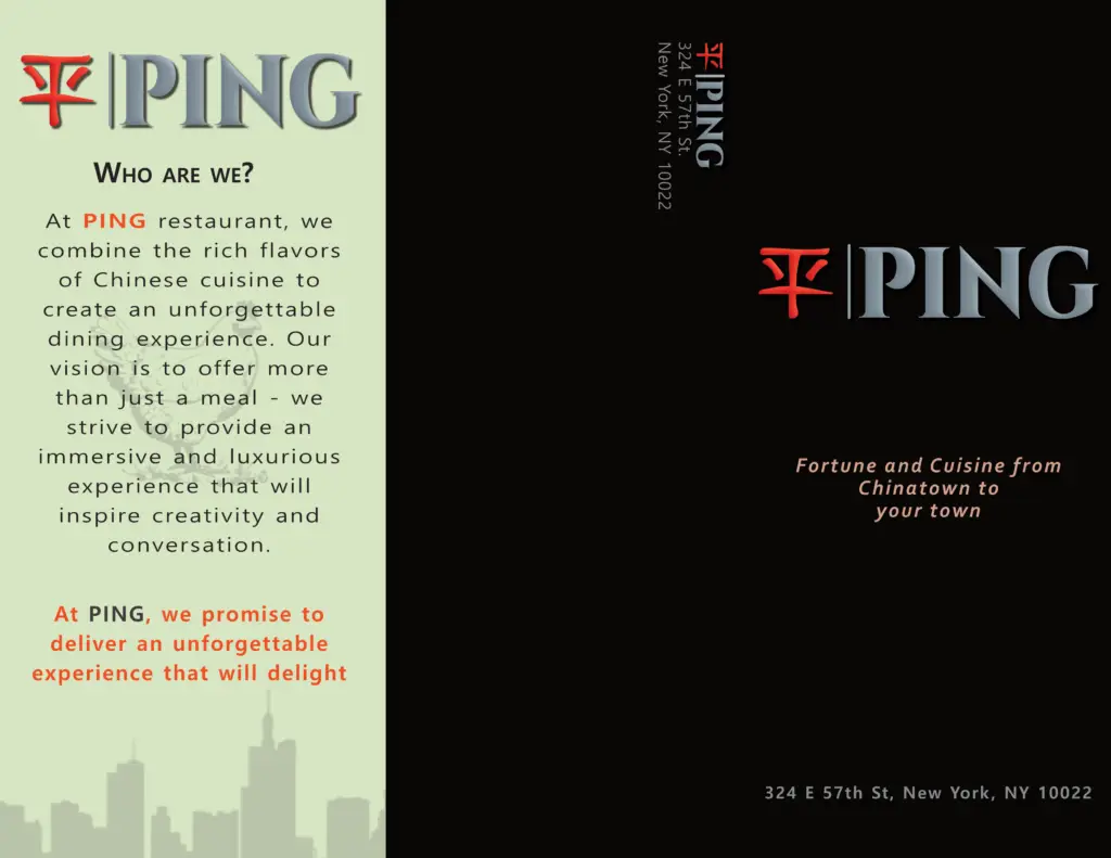Ping Restaurant brochure design outside cover. Print graphic design.