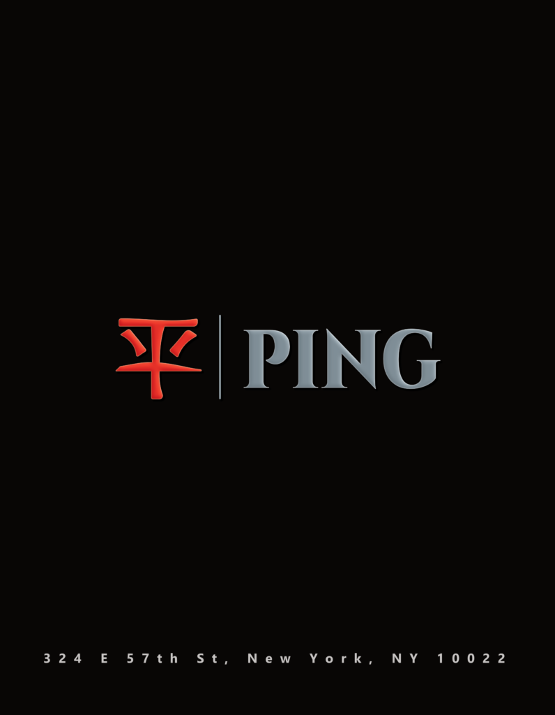Ping Restaurant menu 1 front cover. Menu graphic design.