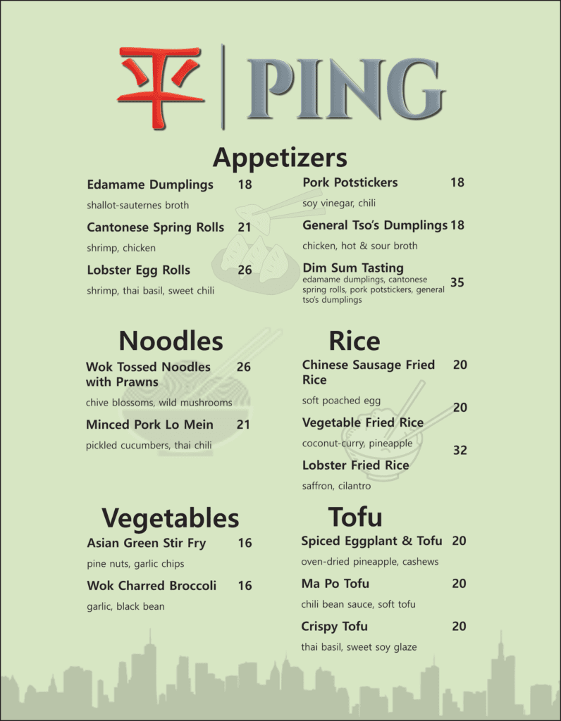 Ping Restaurant menu page 1 with appetizers and more. Menu graphic design.