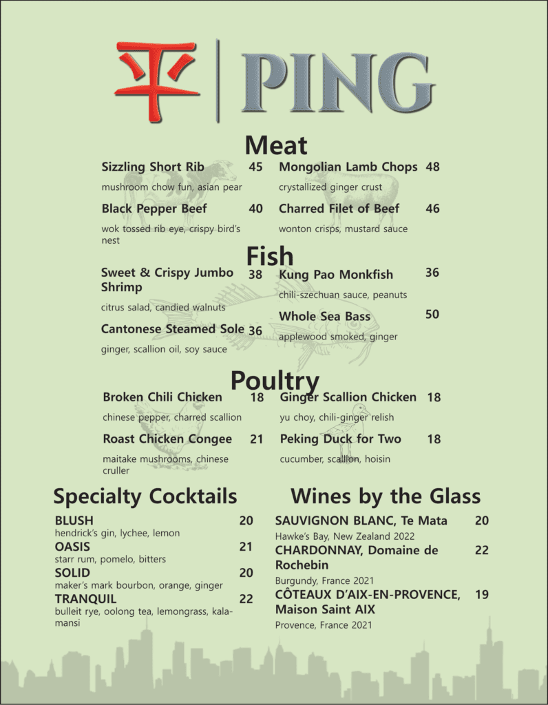 Ping Restaurant menu page 2 with meat, fish, poultry and drinks. Menu graphic design.
