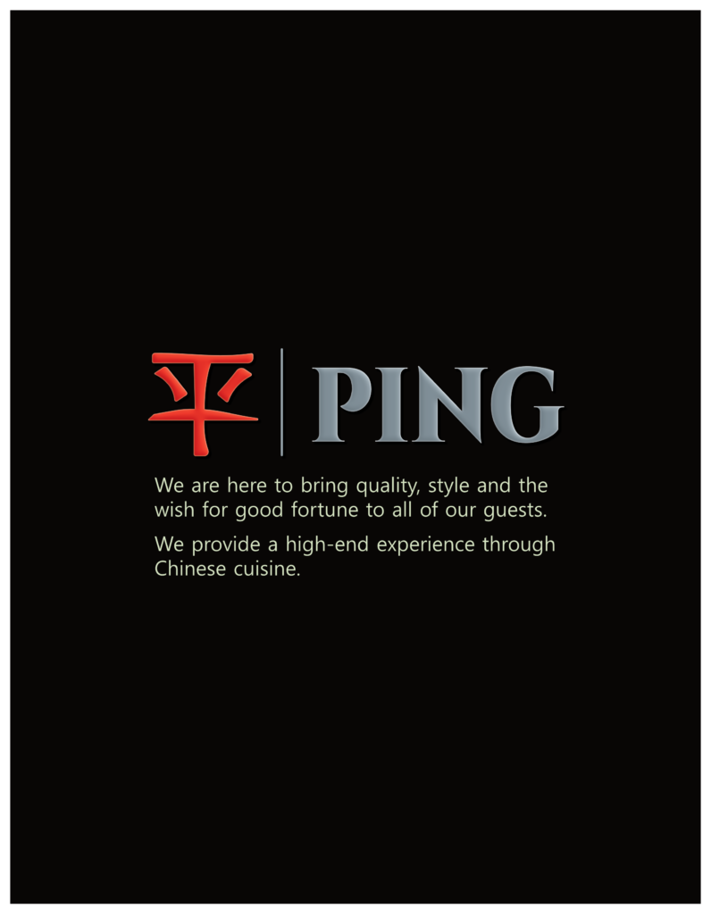 Ping Restaurant menu back cover. Menu graphic design.