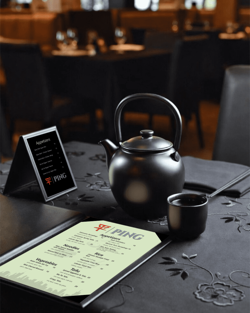 Ping Restaurant table mock-up with menu. Menu graphic design.