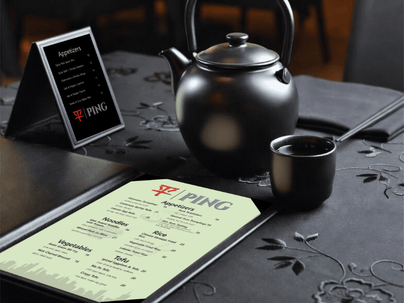 Ping Restaurant table mock-up with menu. Menu graphic design.