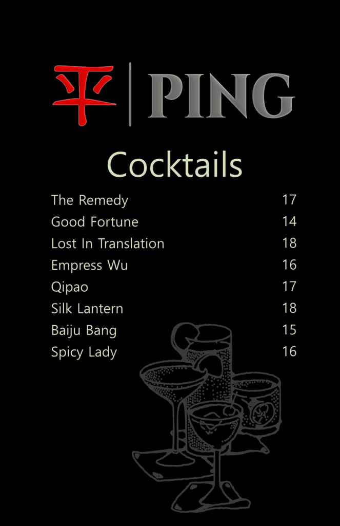 Ping Restaurant table tent cocktails side. Graphic design.