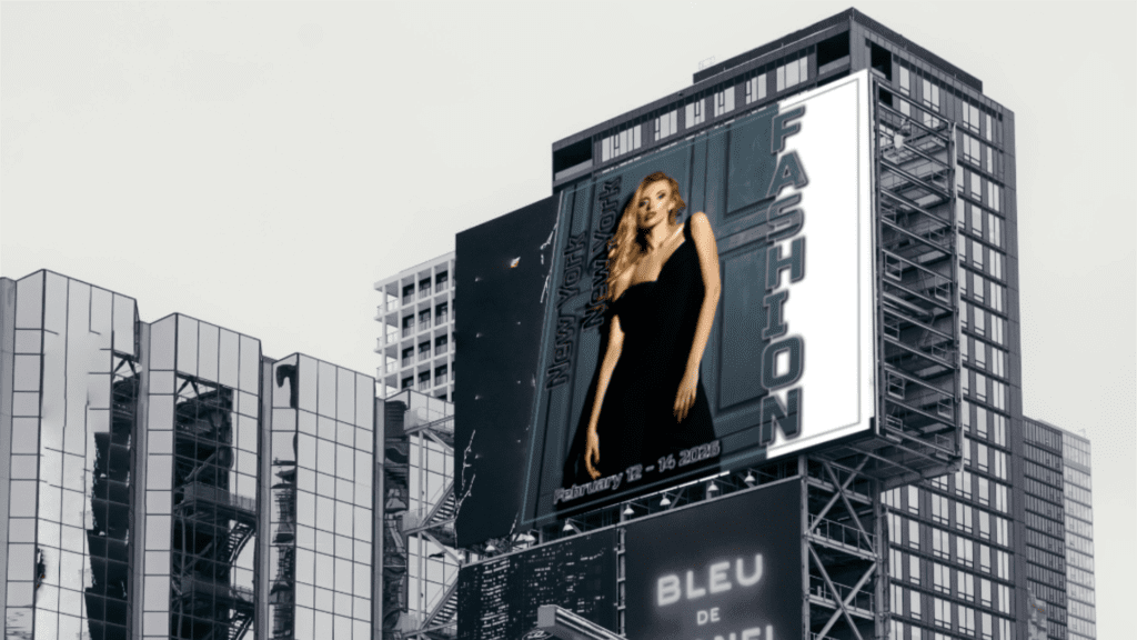 Fashion poster 1 mock-up on vertical billboard in city. Promotional graphic design.
