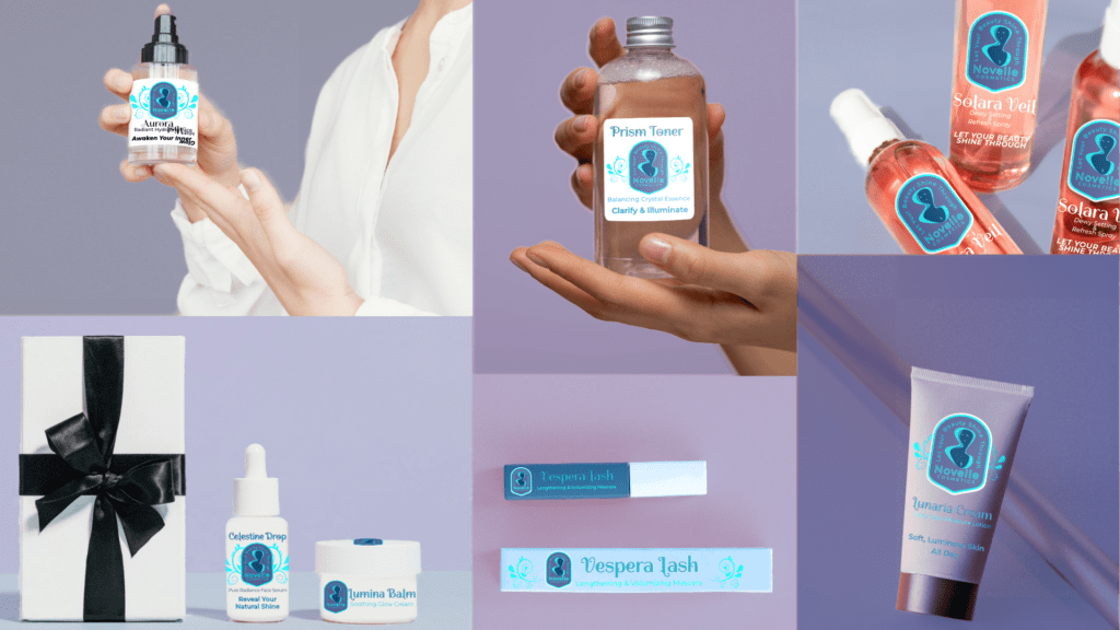 Novelle Cosmetics products mock-up with bottles and tubes. Branding design.