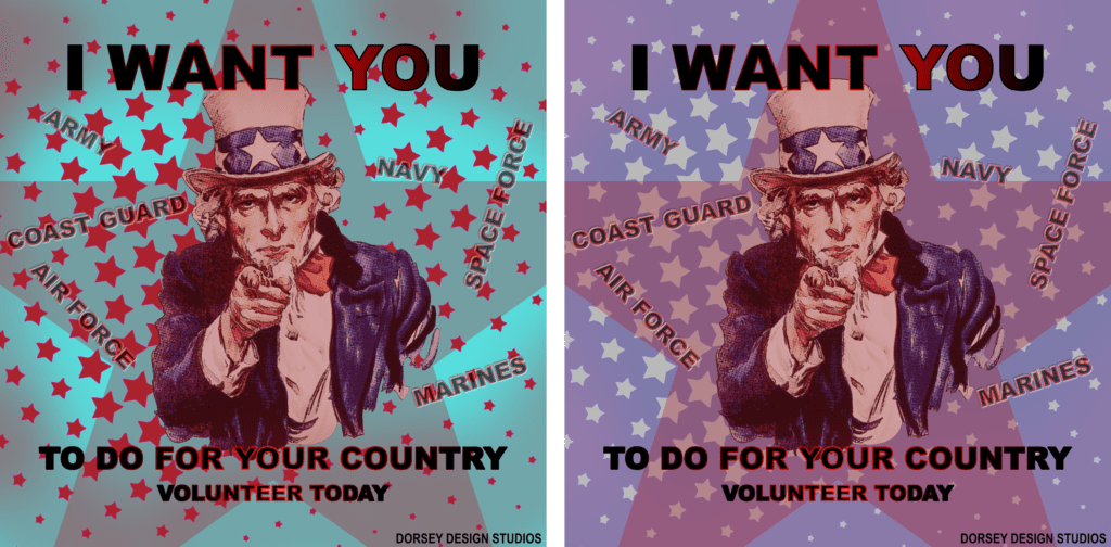 Uncle Sam poster with "I WANT YOU TO DO FOR YOUR COUNTRY" and pointing figure in halftone effect. Promotional graphic design.