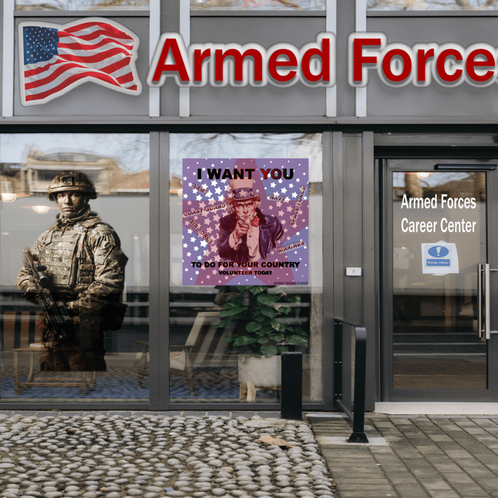 Uncle Sam poster mock-up in Armed Forces career center window. Promotional graphic design.