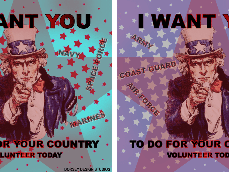 Uncle Sam poster with "I WANT YOU TO DO FOR YOUR COUNTRY" and pointing figure in halftone effect. Promotional graphic design.