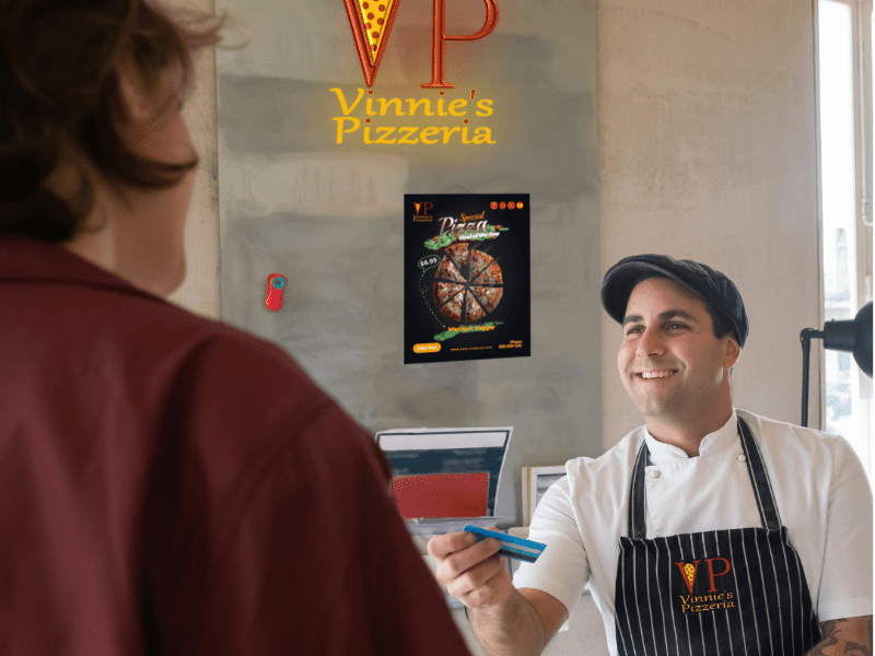 Vinnie's Pizzeria counter mock-up with menu board. Branding design.