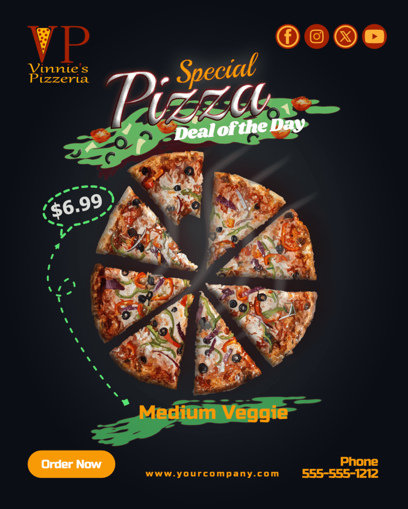 Vinnie's Pizzeria social ad with pizza special deal. Promotional graphic design.