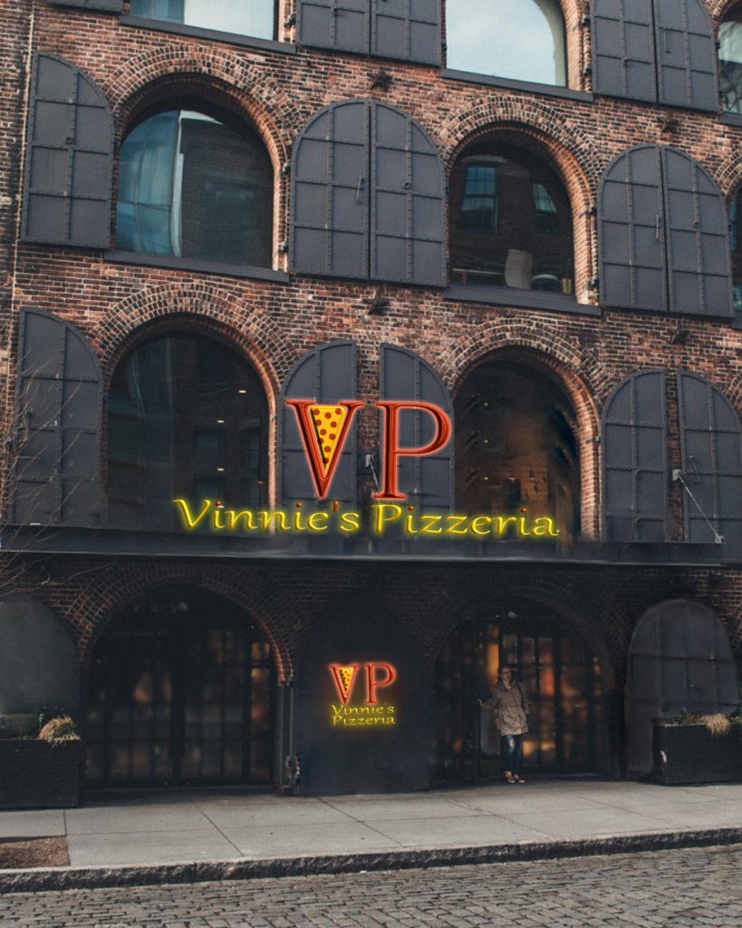 Vinnie's Pizzeria store front mock-up on brick building. Branding design.