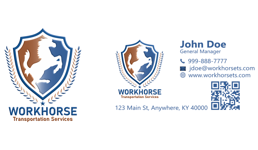 Workhorse Transportation Services business card in color. Logo and branding design.