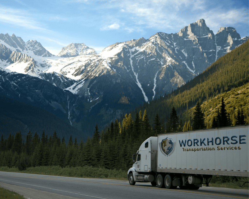 Workhorse Transportation Services truck mock-up 1 on mountain road. Branding design.